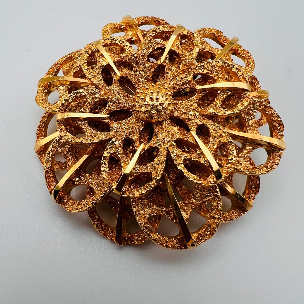 Vintage Gold Tone Floral Brooch Textured Openwork Large Layered Flower Pin